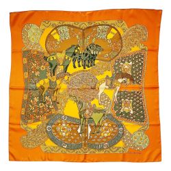 ☆☆ HERMES エルメス カレ90 ART des STEPPES オレンジ シルクスカーフ マルチカラー シルク100％ Bランク