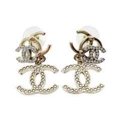  CHANEL シャネル ピアス トリプルココマーク ラインストーン フェイクパール Bランク