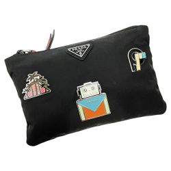 ☆☆ PRADA プラダ コスメポーチ ブラック 小物入れ ロゴアップリケ テスート ナイロン レディース Bランク
