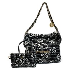  CHANEL シャネル シャネル22 ブラック×ホワイト チェーントートバッグ ツイード レディース ゴールド金具 Bランク