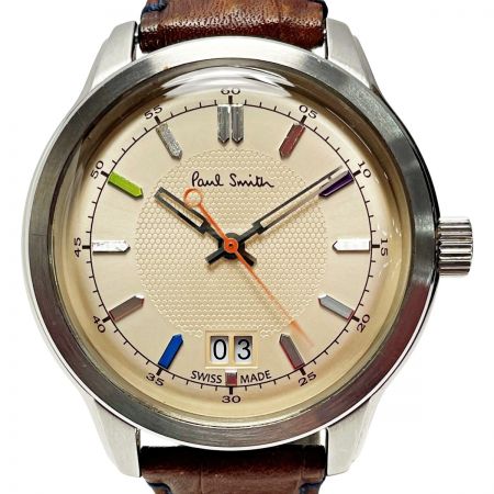  Paul Smith ポールスミス ケンブリッジ ビッグデイト YA30-S084270 アイボリー×シルバー クォーツ レザー メンズ 腕時計