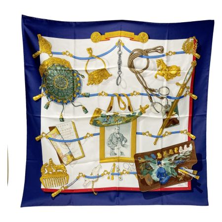  HERMES エルメス カレ90 Memoire d’Hermes エルメスの思い出 シルクスカーフ ブルー シルク100％