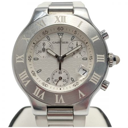  Cartier カルティエ マスト21 クロノスカフ デイト W10184U2 ホワイト クォーツ メンズ 腕時計
