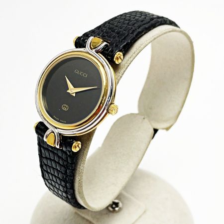  GUCCI グッチ クォーツ 4500L ゴールド レザー ステンレススチール 黒文字盤 レディース 腕時計