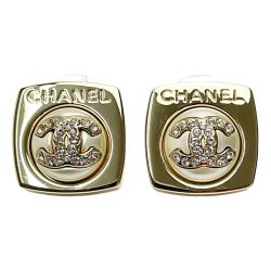 ☆☆ CHANEL シャネル ココマーク ABA746 シャンパンゴールド ピアス スクエア ラインストーン フェイクパール GP アクセサリー Bランク