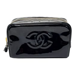 ☆☆ CHANEL シャネル コスメポーチ ブラック エナメル レディース ゴールド金具 ギャランティカード有 Cランク