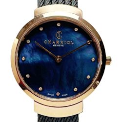 ☆☆ CHARRIOL SLIM N°2185 ST34P.565.018 ブラック系×ピンクゴールド クォーツ 黒蝶貝 12Pダイヤ 腕時計 箱有 Bランク