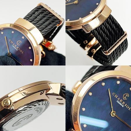  CHARRIOL SLIM N°2185 ST34P.565.018 ブラック系×ピンクゴールド クォーツ 黒蝶貝 12Pダイヤ 腕時計 箱有