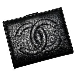 ☆☆ CHANEL シャネル ココマーク ブラック 2つ折りがま口財布 キャビアスキン レディース ギャランティカード・箱有 Bランク