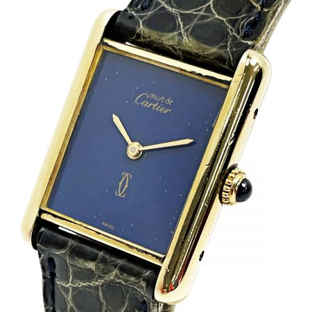  Cartier カルティエ マストタンク ヴェルメイユ SV925+G20M ネイビーブルー 手巻き レザー メンズ 腕時計 ケース有