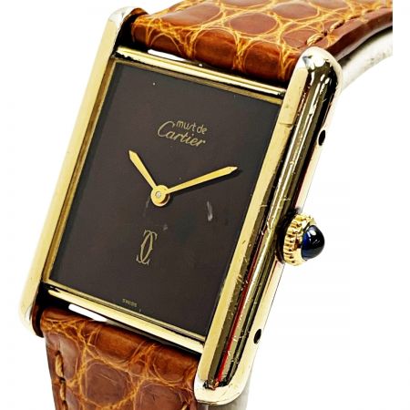  Cartier カルティエ マストタンク ヴェルメイユ SV925+G20M ダークブラウン 手巻き レザー レディース 腕時計 ケース有