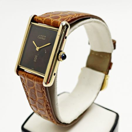  Cartier カルティエ マストタンク ヴェルメイユ SV925+G20M ダークブラウン 手巻き レザー レディース 腕時計 ケース有