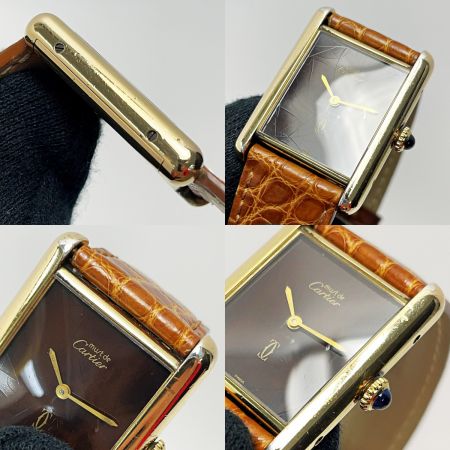  Cartier カルティエ マストタンク ヴェルメイユ SV925+G20M ダークブラウン 手巻き レザー レディース 腕時計 ケース有