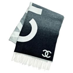 ☆☆ CHANEL シャネル 大判ストール ブラック×ホワイト ココマーク ロゴ柄 カシミヤ53％ ウール47% Bランク