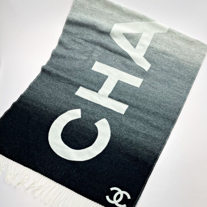 CHANEL シャネル 大判ストール ブラック×ホワイト ココマーク ロゴ柄