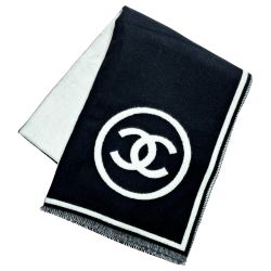 ☆☆ CHANEL シャネル バイカラー ストール ブラック×ホワイト ココマーク カシミア98% ウール2％ レディース Bランク