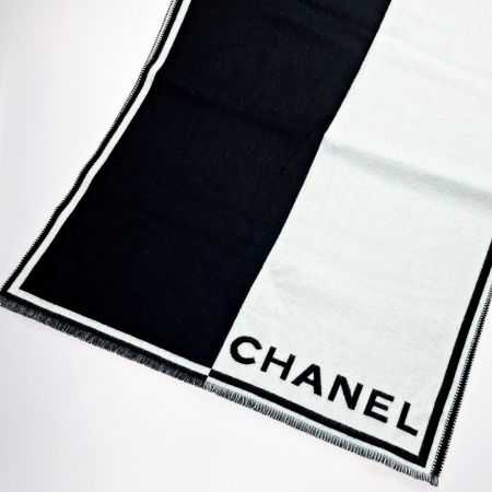  CHANEL シャネル バイカラー ストール ブラック×ホワイト ココマーク カシミア98% ウール2％ レディース