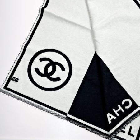  CHANEL シャネル バイカラー ストール ブラック×ホワイト ココマーク カシミア98% ウール2％ レディース