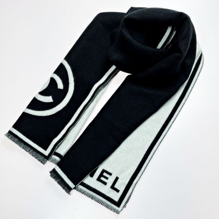  CHANEL シャネル バイカラー ストール ブラック×ホワイト ココマーク カシミア98% ウール2％ レディース
