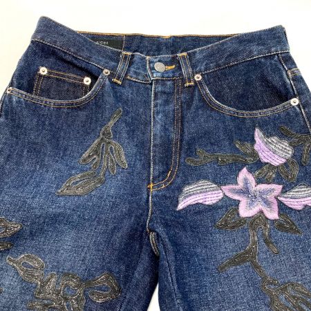  GUCCI グッチ デニム パンツ フラワー刺繍 ﾌﾗﾜｰ刺繍 インディゴ サイズ 38 レディース