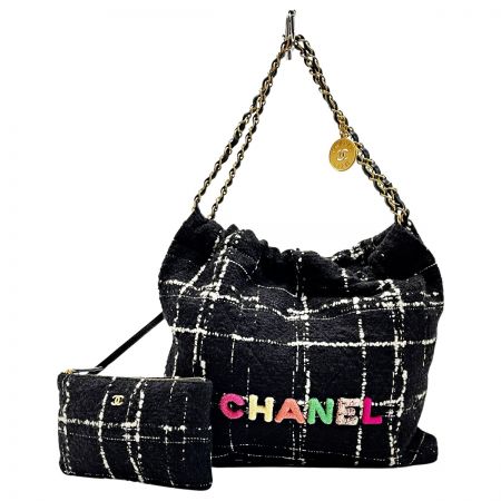  CHANEL シャネル シャネル22 ブラック×ホワイト ショルダーバッグ ハンドバッグ ツイード レディース ポーチ有