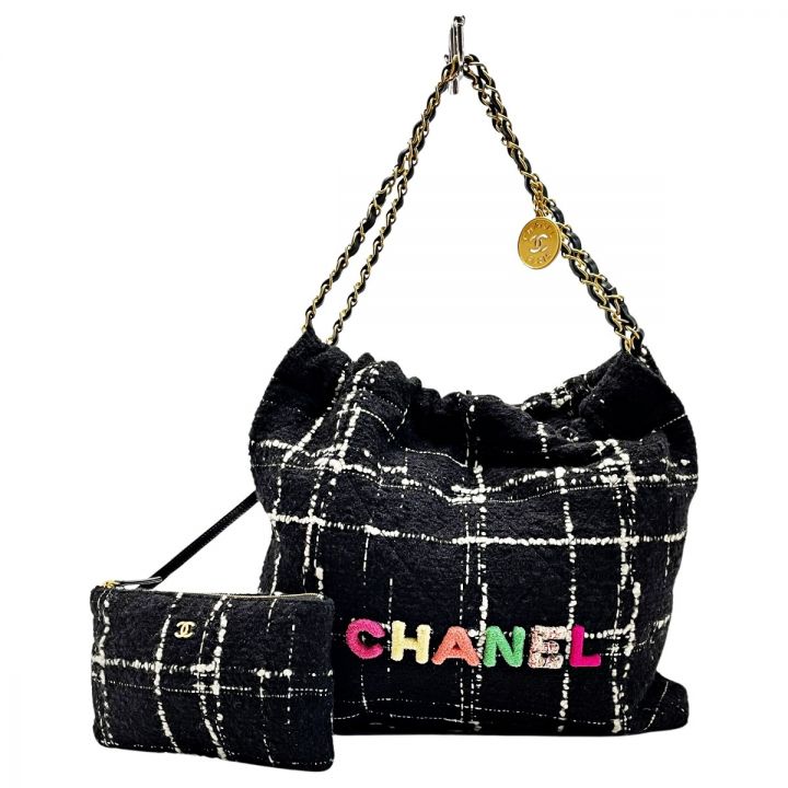 CHANEL シャネル シャネル22 ブラック×ホワイト ショルダーバッグ ハンドバッグ ツイード レディース  ポーチ有｜中古｜なんでもリサイクルビッグバン