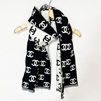 CHANEL シャネル ココマーク ブラック×ホワイト マフラー カシミヤ×ウール リバーシブル｜中古｜なんでもリサイクルビッグバン