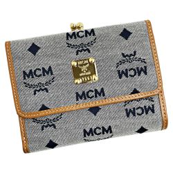 ☆☆ MCM エムシーエム 3つ折り財布 グレー キャンバス×レザー がま口 レディース ゴールド金具 Aランク