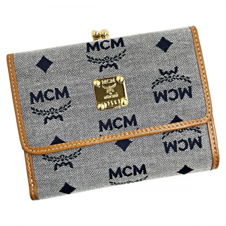  MCM エムシーエム 3つ折り財布 グレー キャンバス×レザー がま口 レディース ゴールド金具