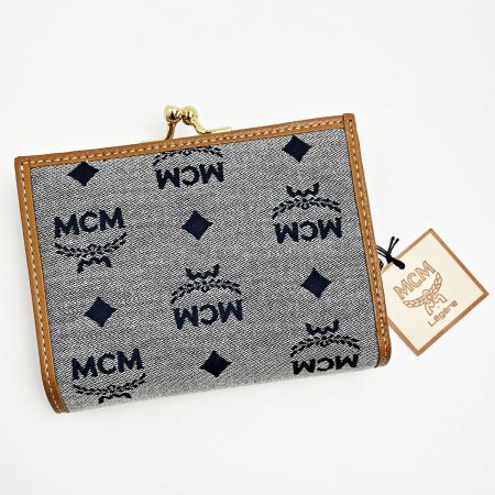  MCM エムシーエム 3つ折り財布 グレー キャンバス×レザー がま口 レディース ゴールド金具