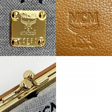  MCM エムシーエム 3つ折り財布 グレー キャンバス×レザー がま口 レディース ゴールド金具
