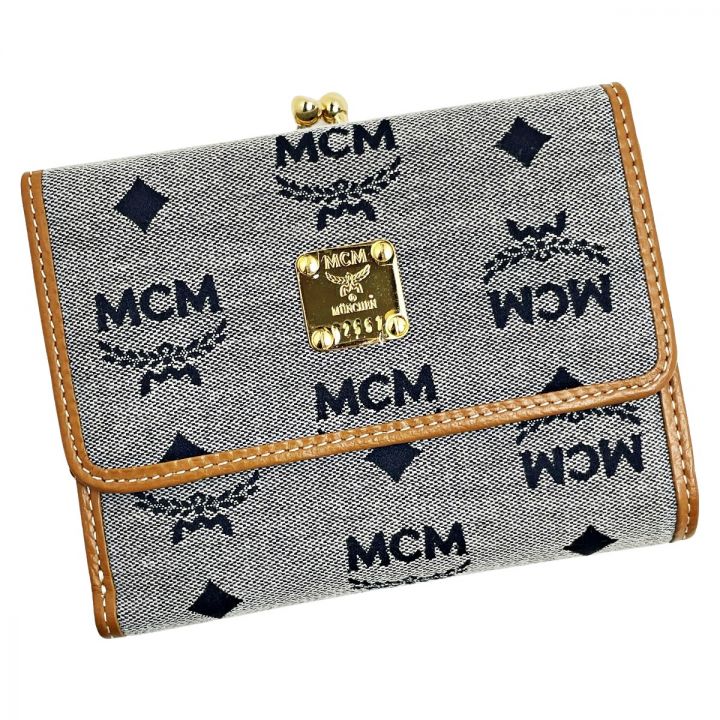 MCM エムシーエム 3つ折り財布 グレー キャンバス×レザー がま口 レディース ゴールド金具｜中古｜なんでもリサイクルビッグバン