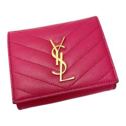☆☆ Yves Saint Laurent イブサンローラン レザー キャビアスキンYSL 2014 ショッキングピンク 財布 3つ折り レディース Cランク