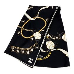 ☆☆ CHANEL シャネル カメリア チェーン ブラック シルクスカーフ レディース Cランク