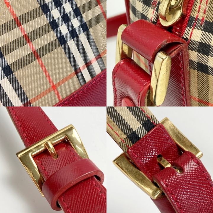 BURBERRY バーバリー ノバチェック ショルダーバッグ ベージュ×レッド キャンバス/レザー｜中古｜なんでもリサイクルビッグバン