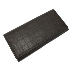 ☆☆ BURBERRY バーバリー チェック 型押し ２つ折り財布 ブラウン エンボス レザー 長財布 Aランク