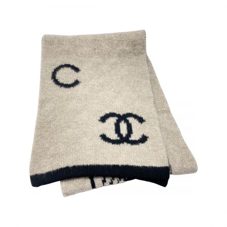  CHANEL シャネル ロゴ カメリア マフラー ベージュ×ブラック ウール/カシミヤ/シルク ストール