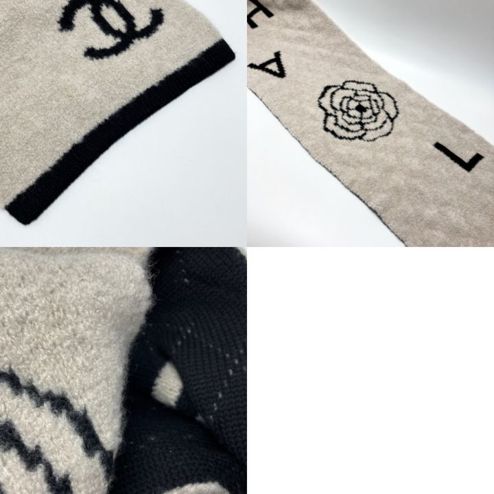 CHANEL シャネル ロゴ カメリア マフラー ベージュ×ブラック ウール/カシミヤ/シルク ストール｜中古｜なんでもリサイクルビッグバン