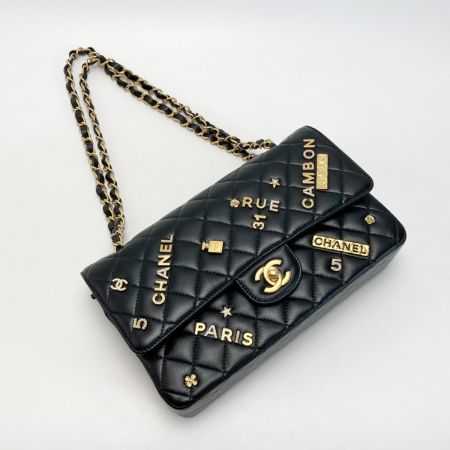  CHANEL シャネル マトラッセ Wフラップ アイコン チャーム チェーンショルダーバッグ A01112 ブラック ラムスキン
