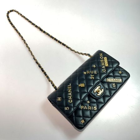  CHANEL シャネル マトラッセ Wフラップ アイコン チャーム チェーンショルダーバッグ A01112 ブラック ラムスキン