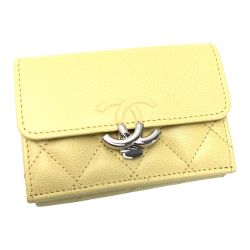 ☆☆ CHANEL シャネル ココマーク キャビアスキン スモールフラップウォレット AP1175 イエロー 3つ折り財布  レディース Cランク