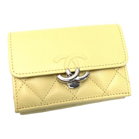  CHANEL シャネル ココマーク キャビアスキン スモールフラップウォレット AP1175 イエロー 3つ折り財布  レディース
