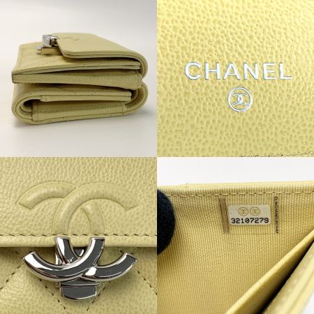  CHANEL シャネル ココマーク キャビアスキン スモールフラップウォレット AP1175 イエロー 3つ折り財布  レディース