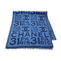 ☆☆ CHANEL シャネル ココマーク ロゴ ストール 総柄 ブルー カシミヤ/シルク マフラー Cランク