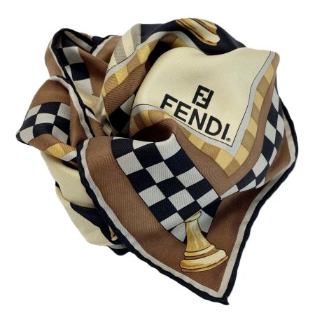  FENDI フェンディ スカーフ チェス ブラウン シルク100%