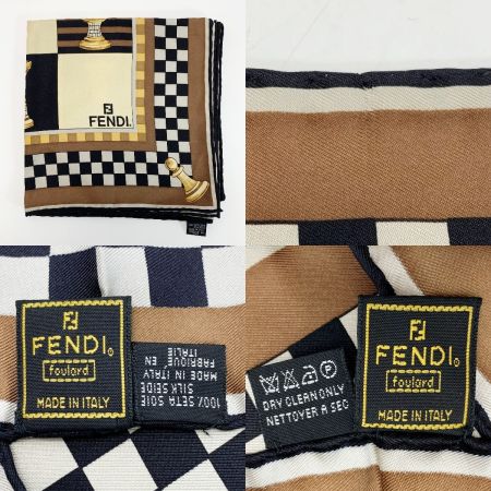  FENDI フェンディ スカーフ チェス ブラウン シルク100%