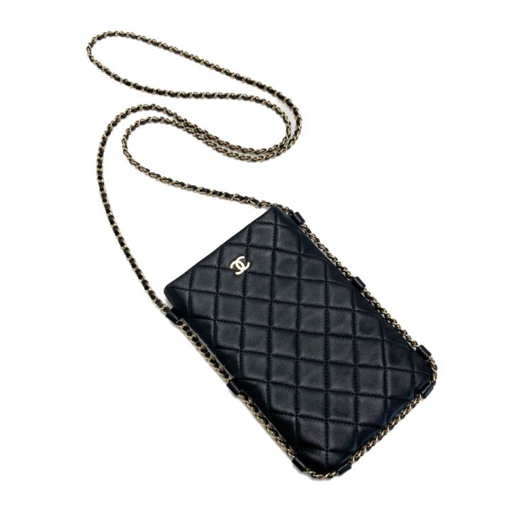 シャネル CHANEL マトラッセ ココマーク フォンケース チェーン ショルダーバッグ 2WAY ラムスキン AP3226 ブラック シャンパンゴールド金具 レディース