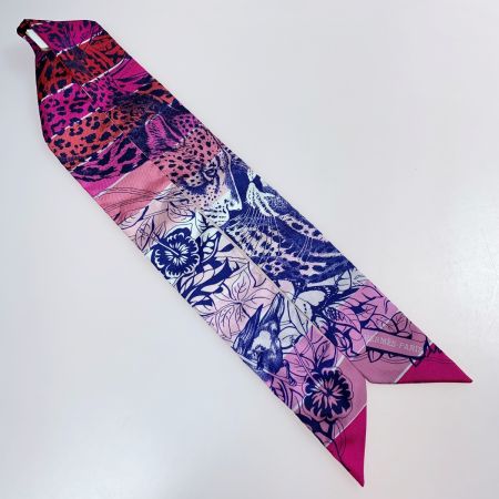  HERMES エルメス レオパード シルク100% ツイリー レッド×ローズ シルクスカーフ