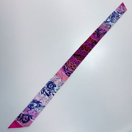  HERMES エルメス レオパード シルク100% ツイリー レッド×ローズ シルクスカーフ