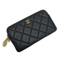 ☆☆ CHANEL シャネル ココマーク マトラッセ ポーチ ブラック キャビアスキン チャーム クラッチバッグ Aランク